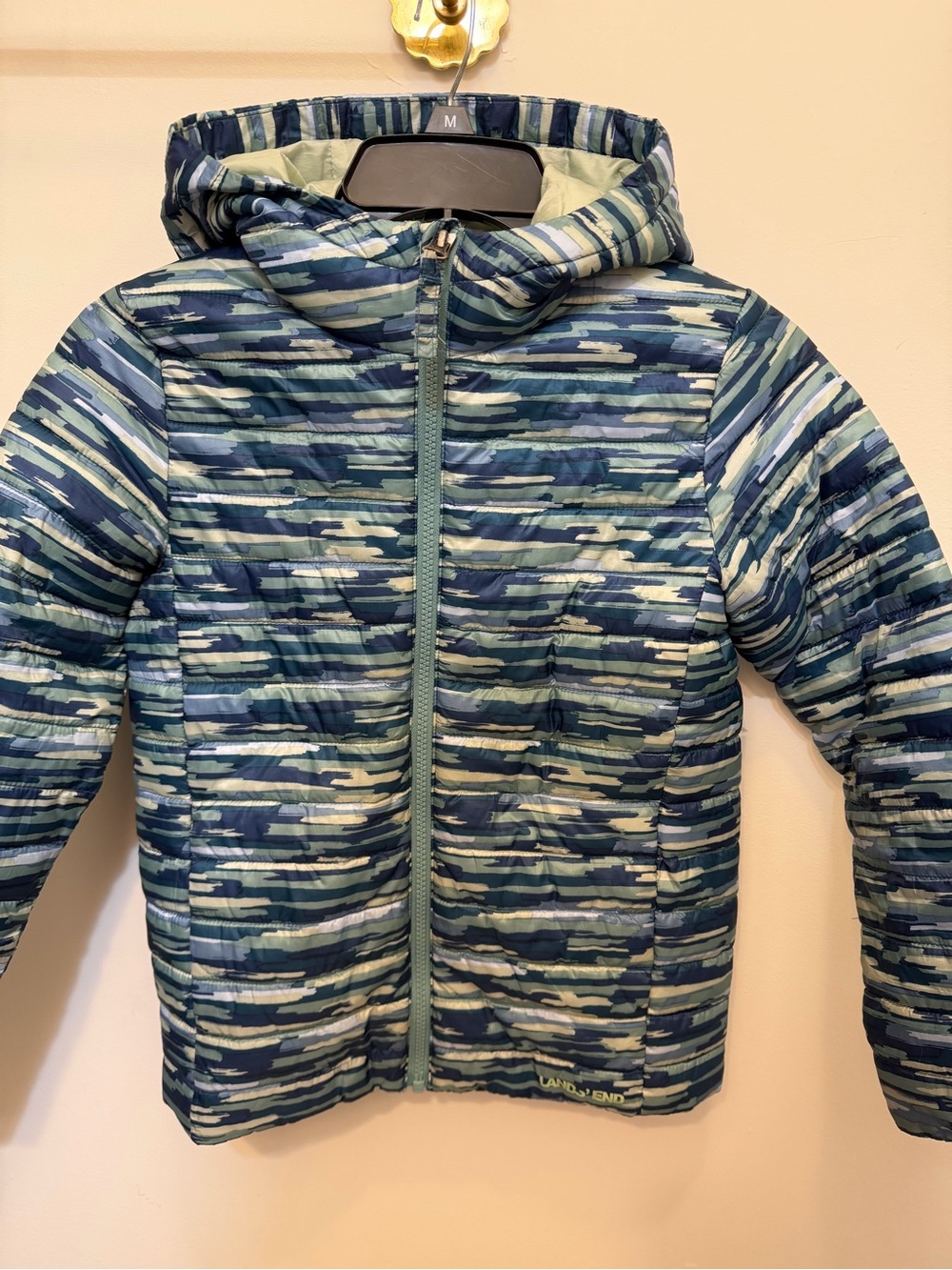 Lands' End Kids' Blue & Green Striped Camo Puffer Jacket with Hood